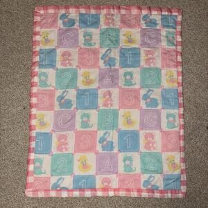 Vintage Handmade Baby Quilt Pastel Blocks Number Letter 123 ABC Bear Bunny Duck